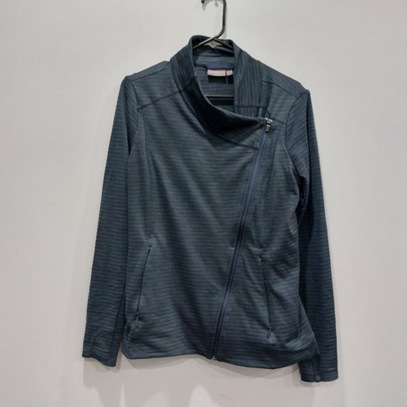 Athleta Intention 2.0 Knit Navy Long Sleeve Thumb Holes Jacquard Medium Jacket - Picture 2 of 9